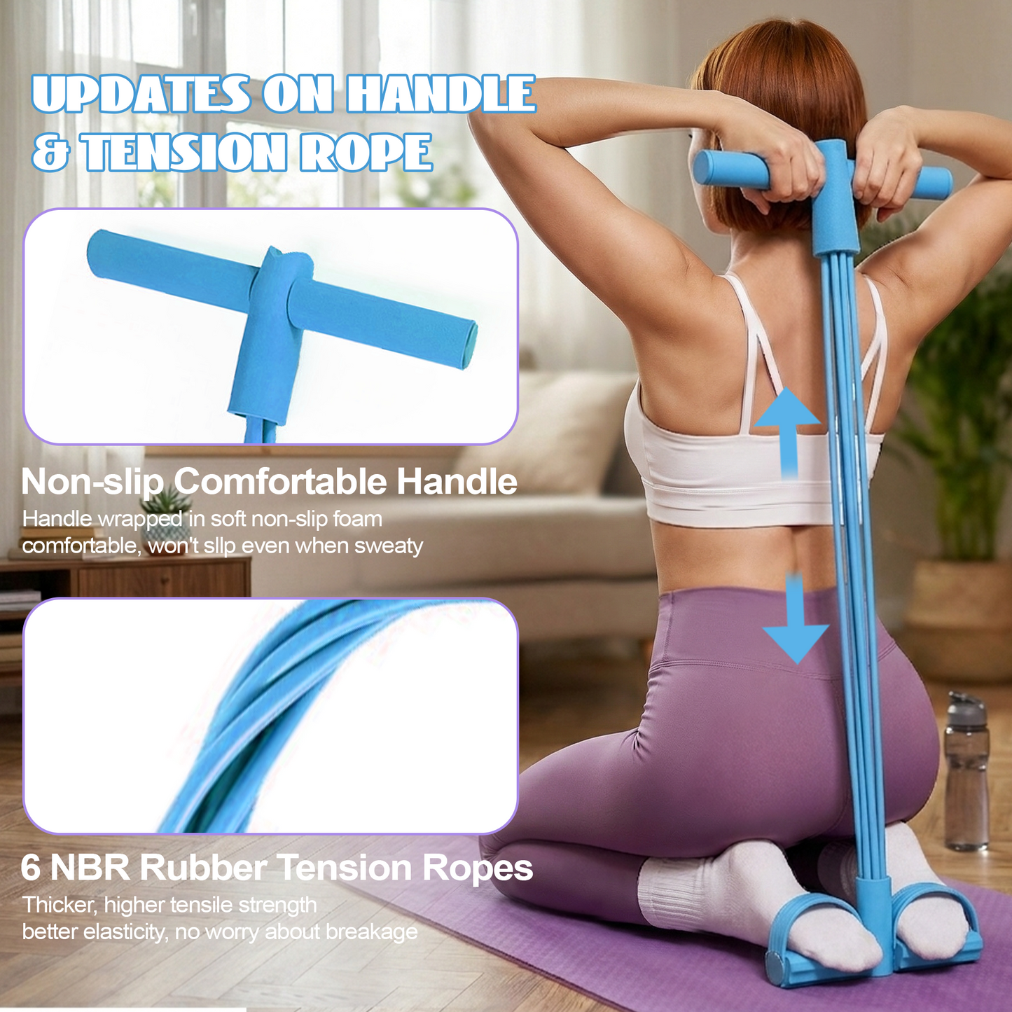 Dowellia Pedal Resistance Bands with Handles, Upgrade 6-Tubes Fitness Stretching Bands for Exercise Abdomen, Waist, Arm, Leg, Multifunction Workout Equipment for Home Gym Equipment, Blue