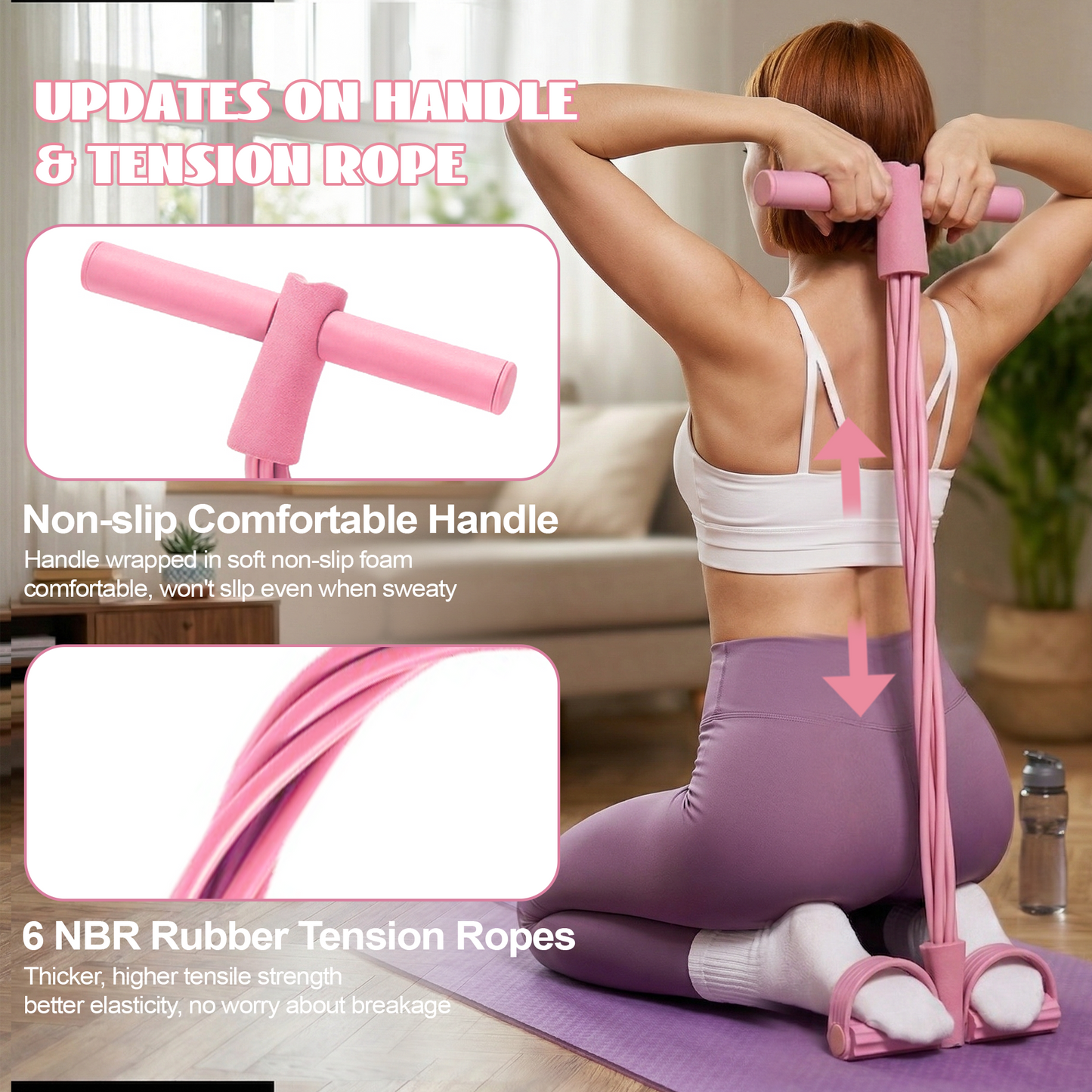 Dowellia Pedal Resistance Bands with Handles, Upgrade 6-Tubes Fitness Stretching Bands for Exercise Abdomen, Waist, Arm, Leg, Multifunction Workout Equipment for Home Gym Equipment, Pink