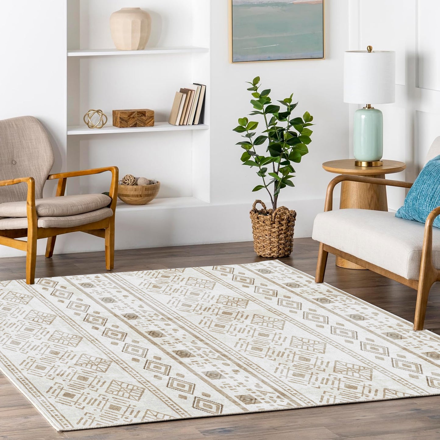 Bedroom Boho Rug 4x6 Khaki, Washable Area Rugs Non Slip, Ultra Soft Print Distressed Geometric Low-Pile Entry Throw Carpet for Bedroom Nursery Dorm Kitchen Decor