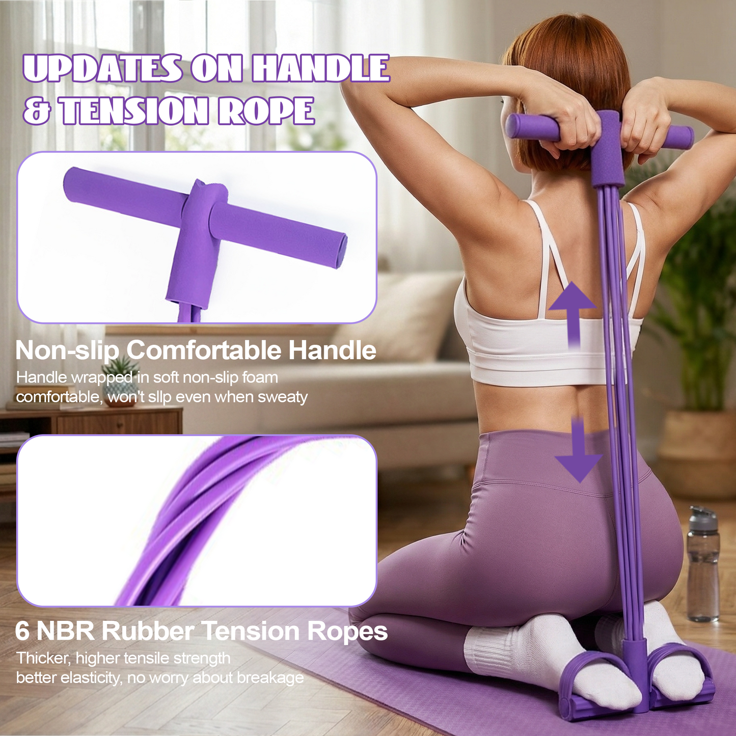Dowellia Pedal Resistance Bands with Handles, Upgrade 6-Tubes Fitness Stretching Bands for Exercise Abdomen, Waist, Arm, Leg, Multifunction Workout Equipment for Home Gym Equipment, Purple