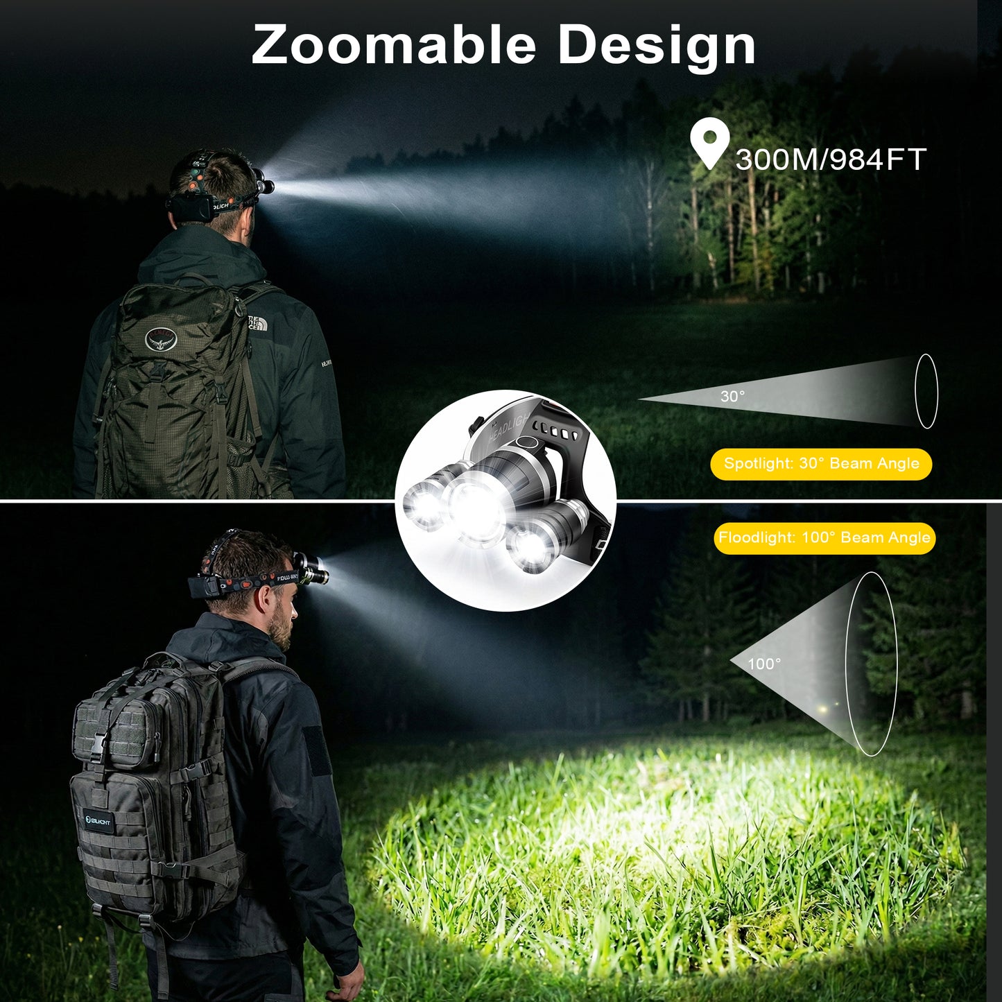 Dowellia LED Headlamp Rechargeable, Head Lamp with 3 Lights 4 Modes, IPX6 Waterproof, 90° Adjustable Headlight for Outdoor, Camping, Hiking, Fishing