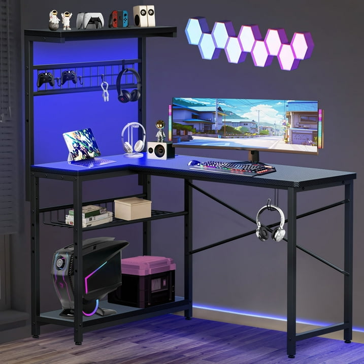 L Shaped Desk Gaming Desk with Power Outlet, 42 inch Reversible L Shaped Computer Table with Shelf & Storage Bag & Hook for Home Office, Black