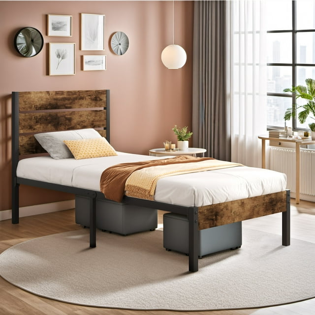 Dowellia Full Size Bed Frame with Headboard and Footboard, Metal Support, Rustic Brown