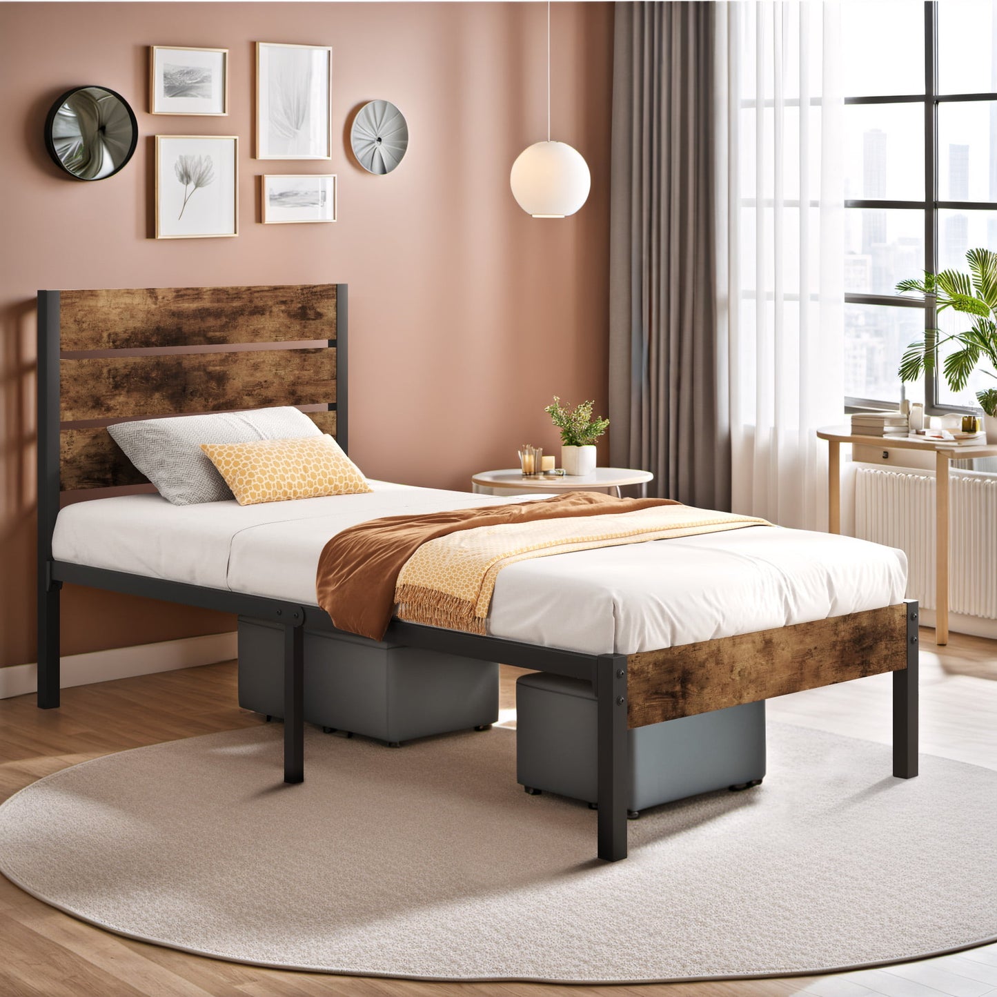 Dowellia Twin Bed Frame with Headboard and Footboard, Metal Support, Rustic Brown