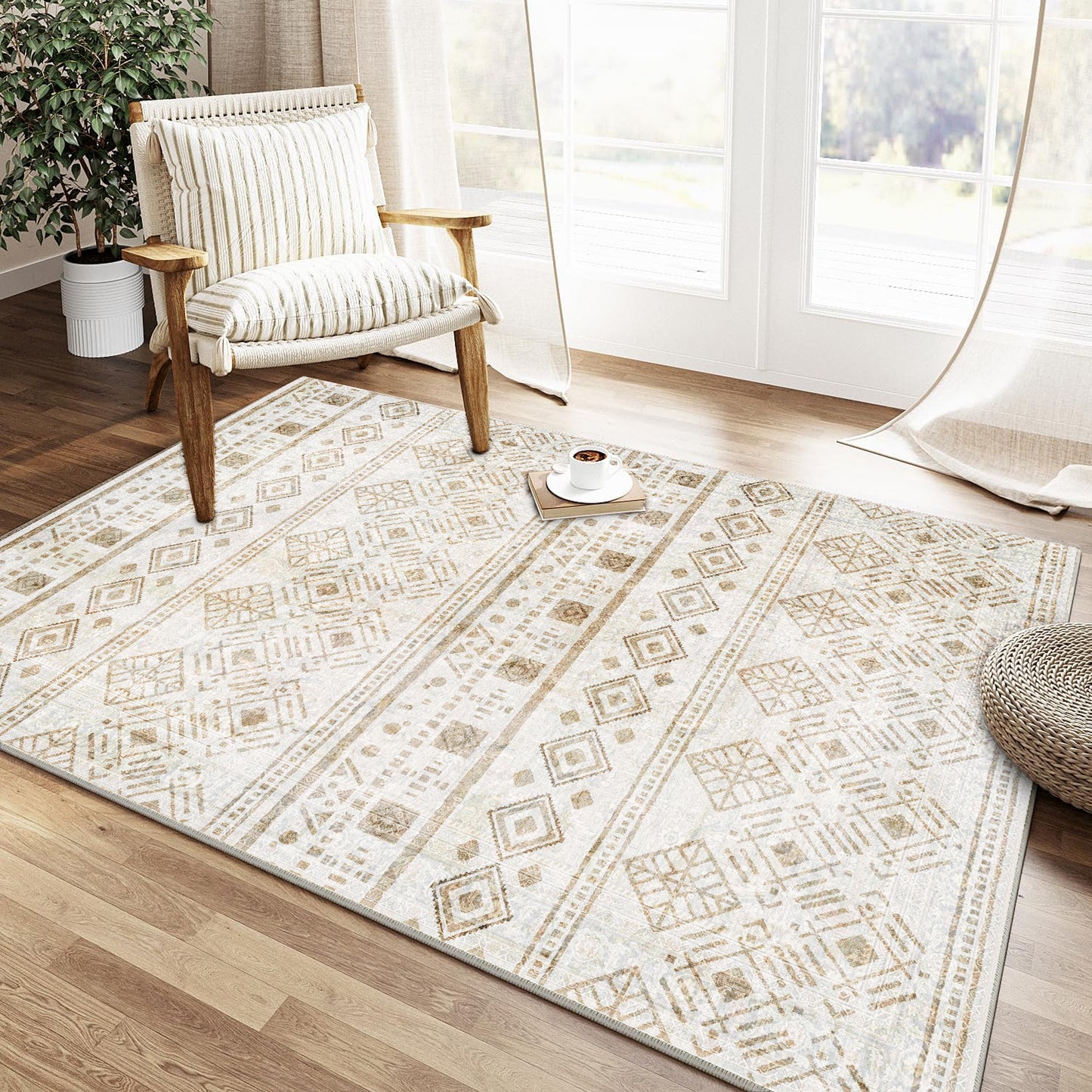 3x5 Khaki Boho Area Rug for Living Room, Washable Kitchen Rugs Non Slip, Ultra Soft Print Distressed Geometric Low-Pile Entry Throw Carpet for Bedroom Nursery Dorm Decor