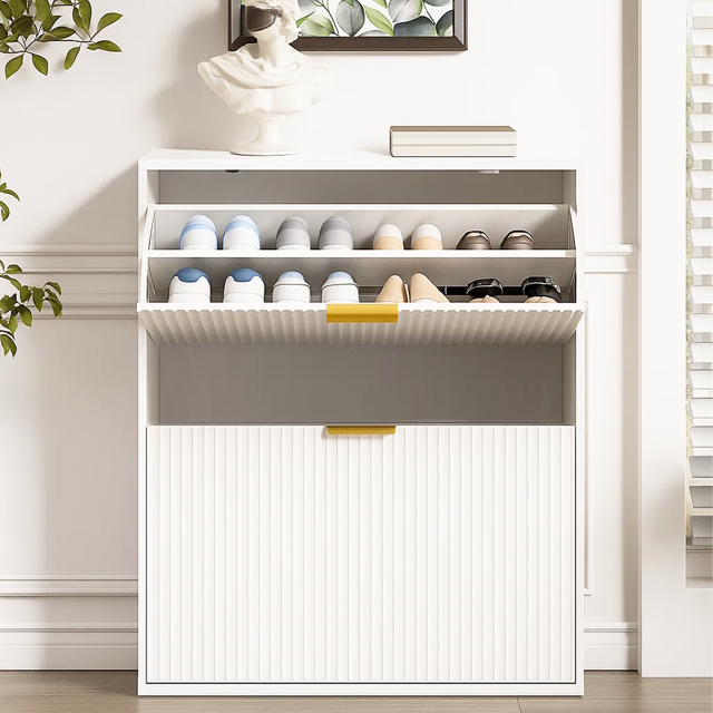 Dowellia Shoe storage cabinet with 2 flip-out drawers, Narrow shoe storage cabinet for entrance hall, Shoe storage cabinet in white wood