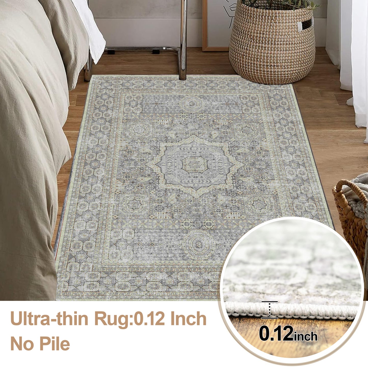 Area Rugs for Living Room 3'x 5' Machine Washable Vintage Print Large Throw Non Slip Bedroom Rugs