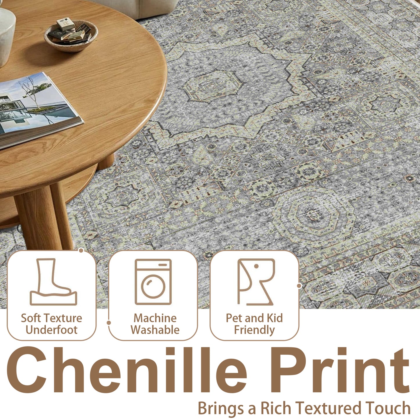 Area Rugs for Living Room 5'x 7' Machine Washable Vintage Print Large Throw Non Slip Bedroom Rugs