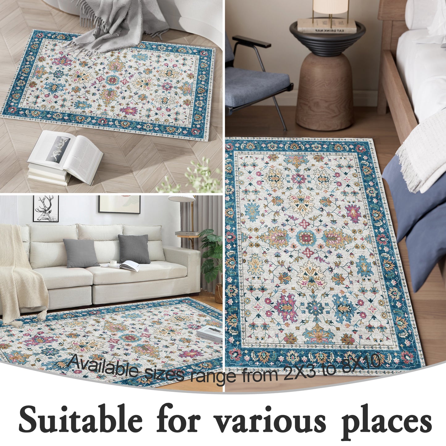 2x3 Entryway Rug, Soft Washable Rugs, Non Slip Area Rug, Stain Resistant Low Pile Rugs for Bedroom, Vintage Rug for Door Mat, Indigo