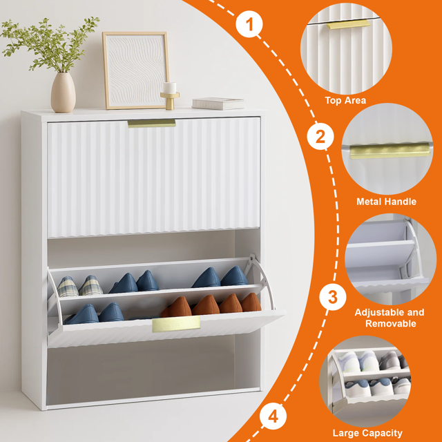 Dowellia Shoe storage cabinet with 2 flip-out drawers, Narrow shoe storage cabinet for entrance hall, Shoe storage cabinet in white wood
