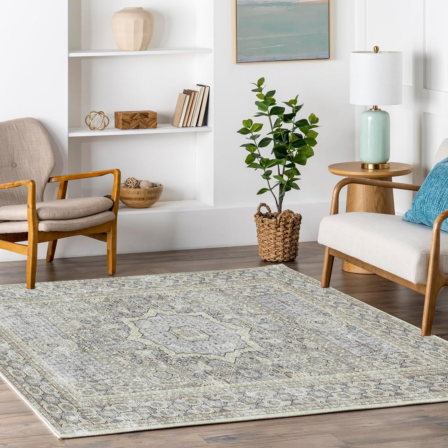 Area Rugs for Living Room 4'x 6' Machine Washable Vintage Print Large Throw Non Slip Bedroom Rugs
