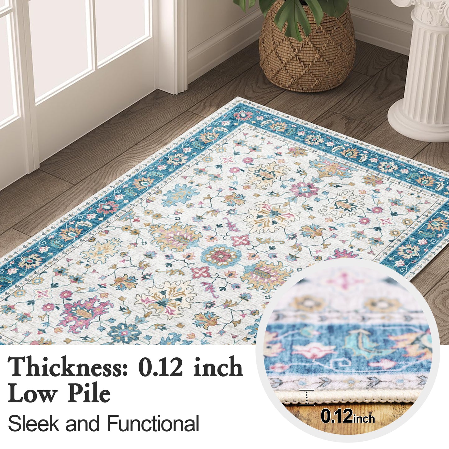 2x3 Entryway Rug, Soft Washable Rugs, Non Slip Area Rug, Stain Resistant Low Pile Rugs for Bedroom, Vintage Rug for Door Mat, Indigo