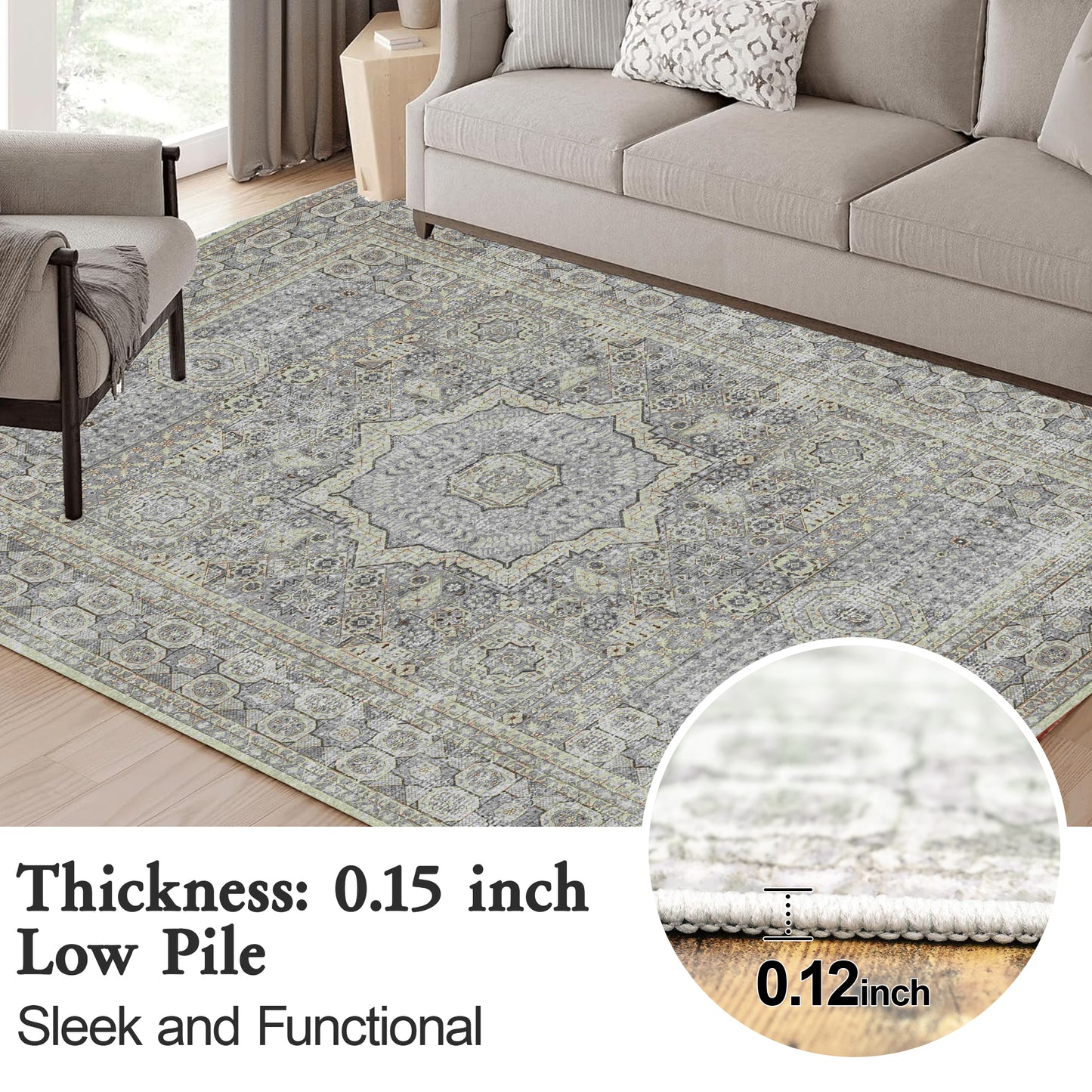 Area Rugs for Living Room 6'x 9' Machine Washable Vintage Print Large Throw Non Slip Bedroom Rugs