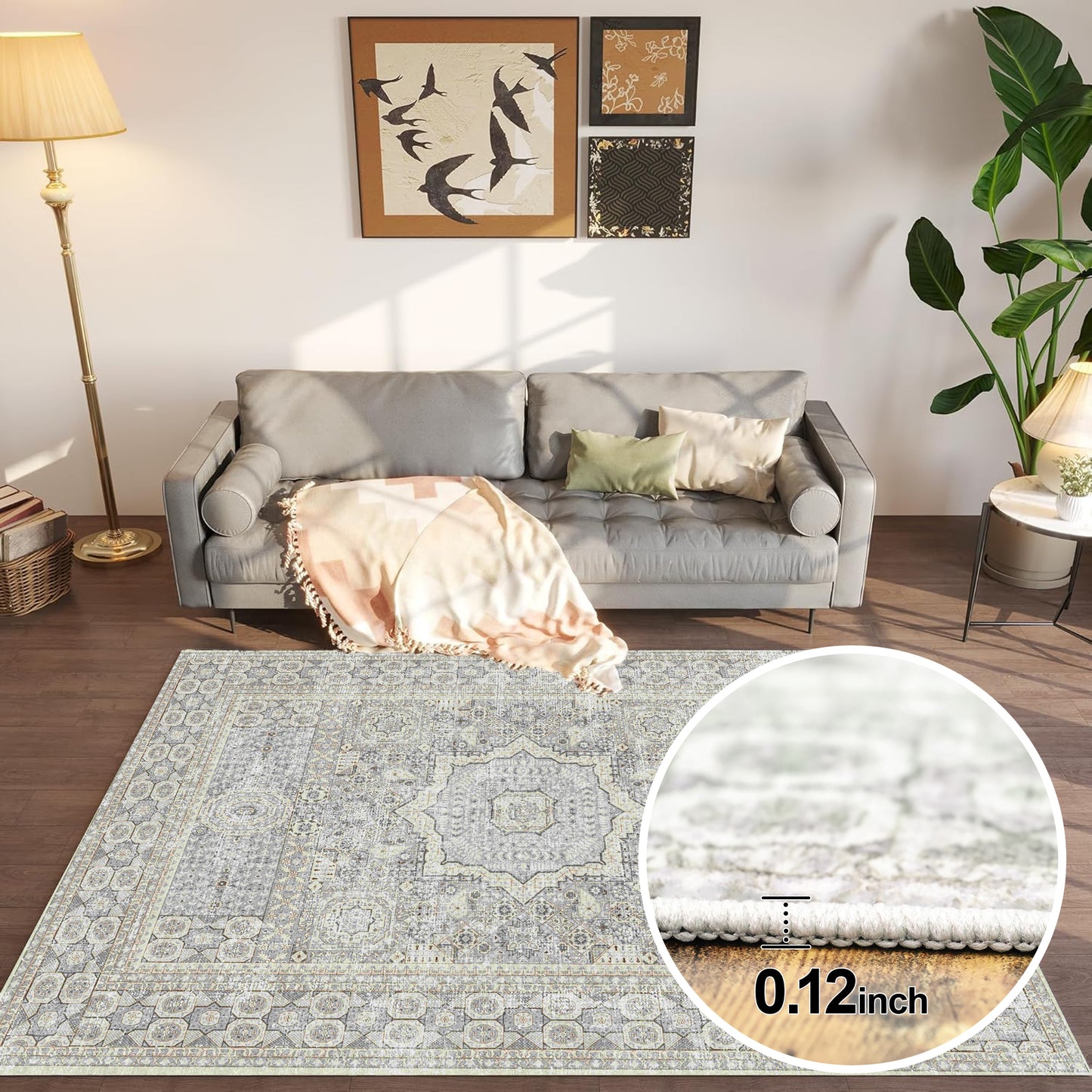 Area Rugs for Living Room 4'x 6' Machine Washable Vintage Print Large Throw Non Slip Bedroom Rugs