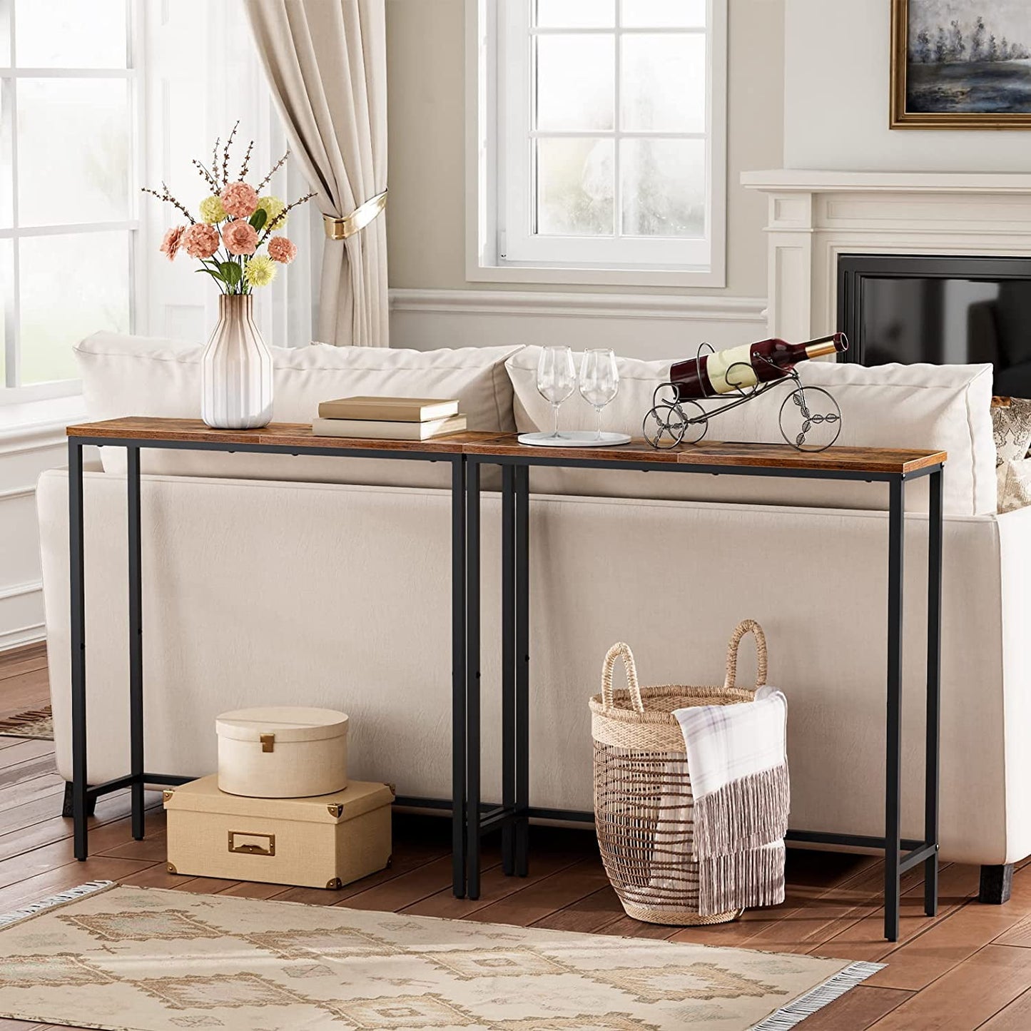 Narrow Console Table, 33.9" Entryway Table Sofa Table or Hallway Table for Living Room, Rustic Brown and Black