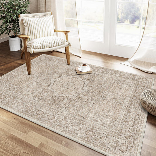 Area Rugs for Living Room 3'x 5' Machine Washable Vintage Print Large Throw Non Slip Bedroom Rugs, Brown