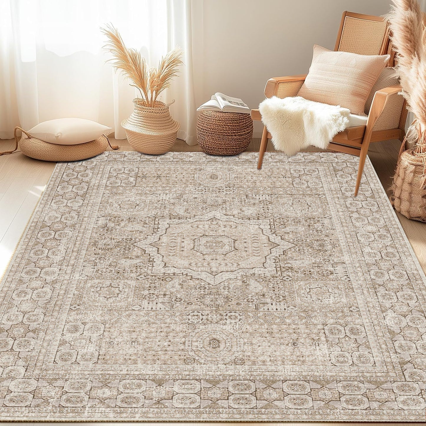 Area Rugs for Living Room 5'x 7' Machine Washable Vintage Print Large Throw Non Slip Bedroom Rugs, Brown