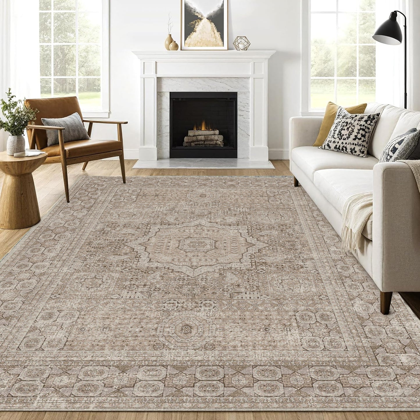 Area Rugs for Living Room 8'x 10' Machine Washable Vintage Print Large Throw Non Slip Bedroom Rugs, Brown