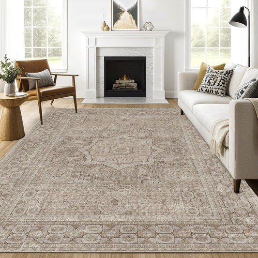 Area Rugs for Living Room 8'x 10' Machine Washable Vintage Print Large Throw Non Slip Bedroom Rugs, Brown