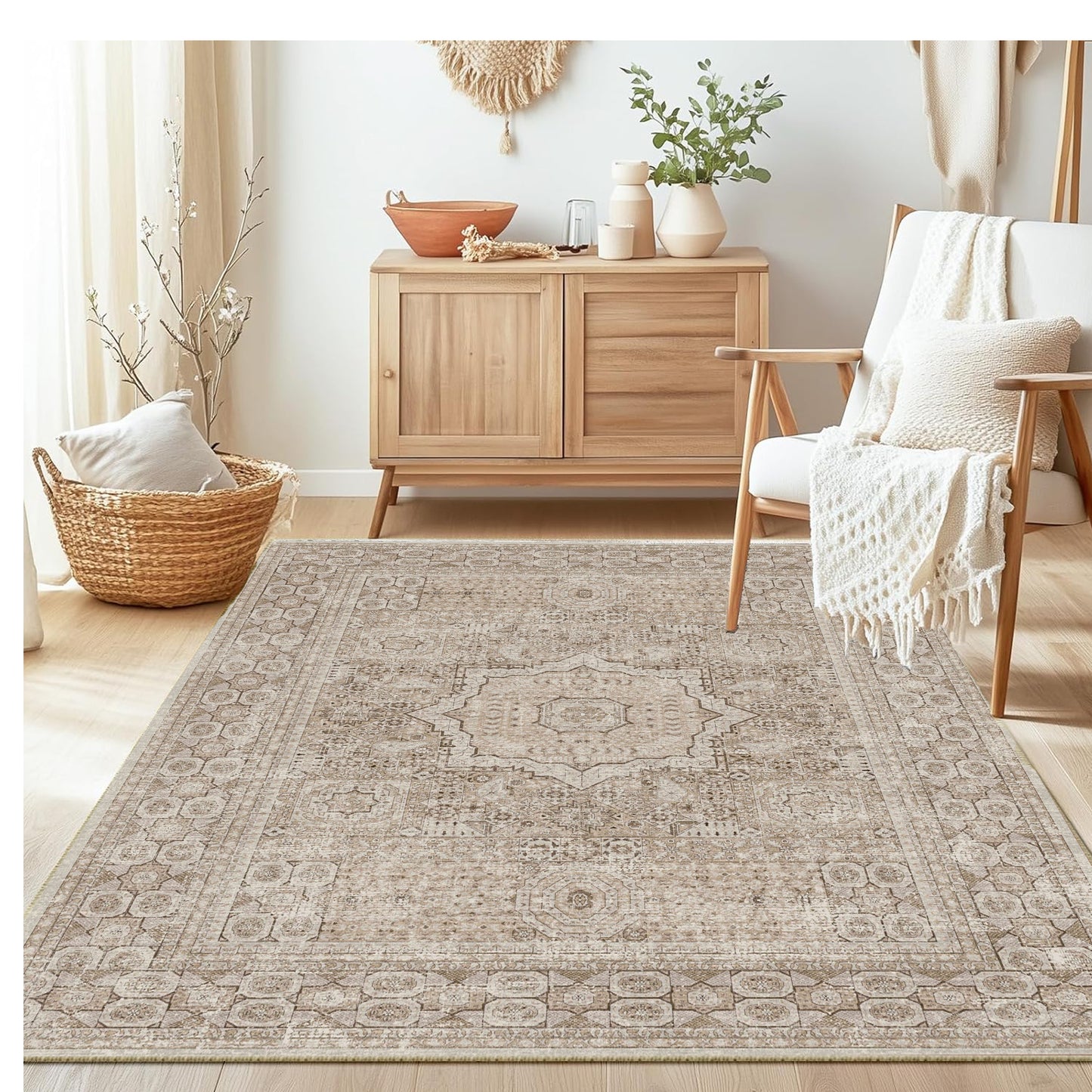 Area Rugs for Living Room 4'x 6' Machine Washable Vintage Print Large Throw Non Slip Bedroom Rugs, Brown