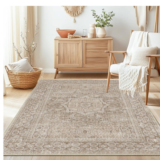 Area Rugs for Living Room 4'x 6' Machine Washable Vintage Print Large Throw Non Slip Bedroom Rugs, Brown