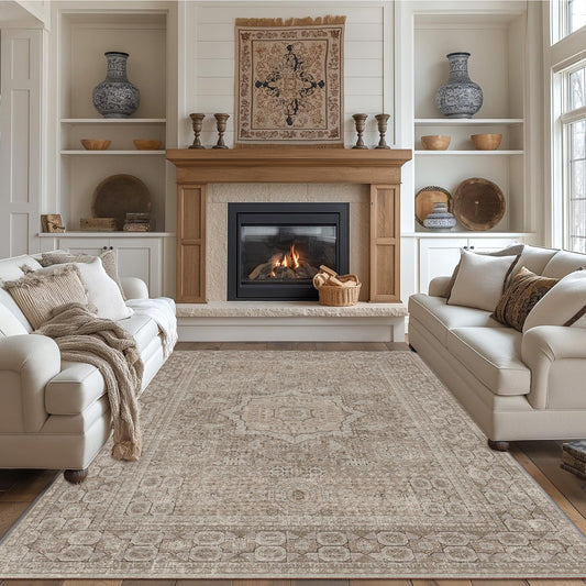 Area Rugs for Living Room 6'x 9' Machine Washable Vintage Print Large Throw Non Slip Bedroom Rugs, Brown