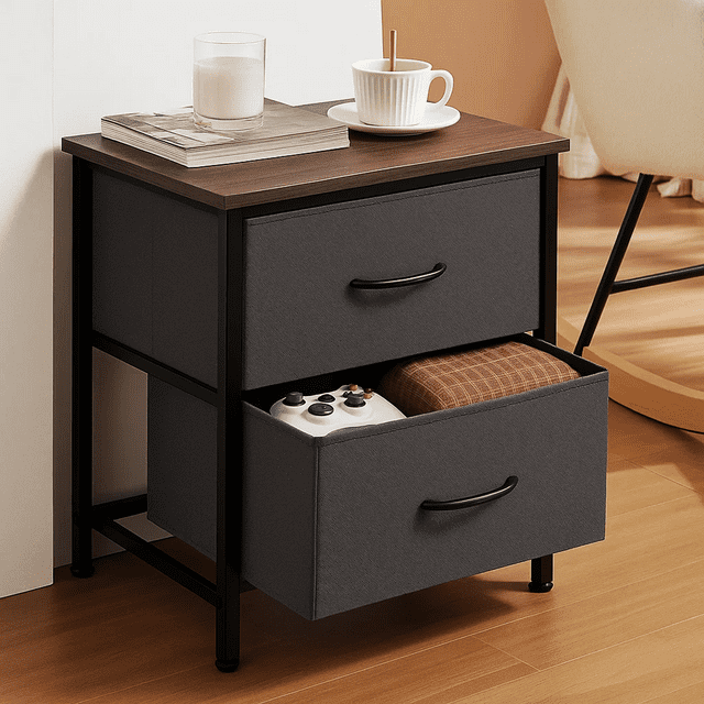 Dowellia Nighstand with 2 Drawer Fabric Storage for Living and Bedroom, Set of 2, Grey