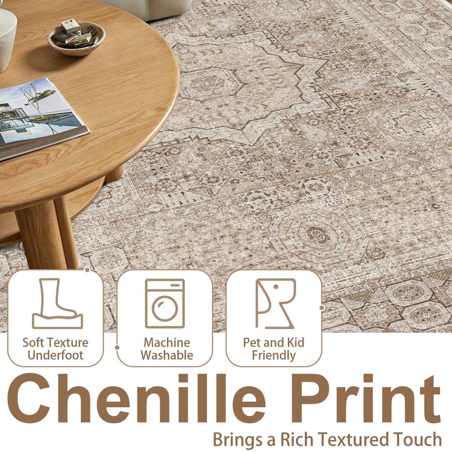 Area Rugs for Living Room 5'x 7' Machine Washable Vintage Print Large Throw Non Slip Bedroom Rugs, Brown