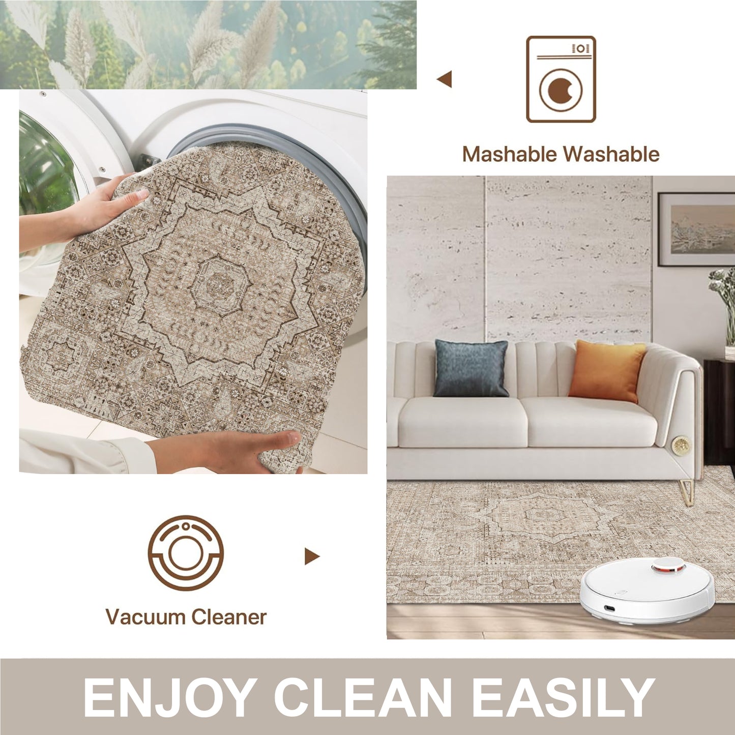 Area Rugs for Living Room 6'x 9' Machine Washable Vintage Print Large Throw Non Slip Bedroom Rugs, Brown