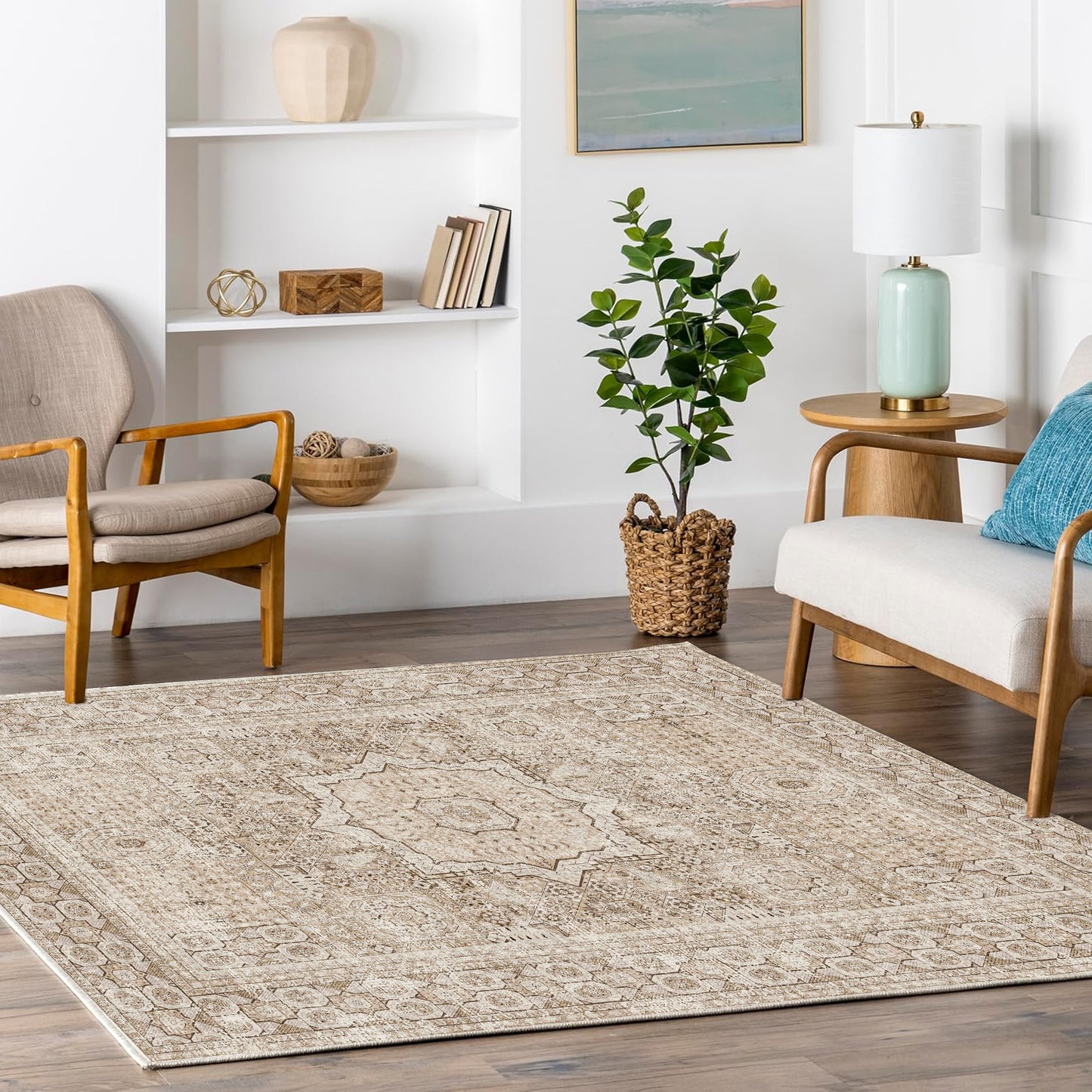 Area Rugs for Living Room 4'x 6' Machine Washable Vintage Print Large Throw Non Slip Bedroom Rugs, Brown
