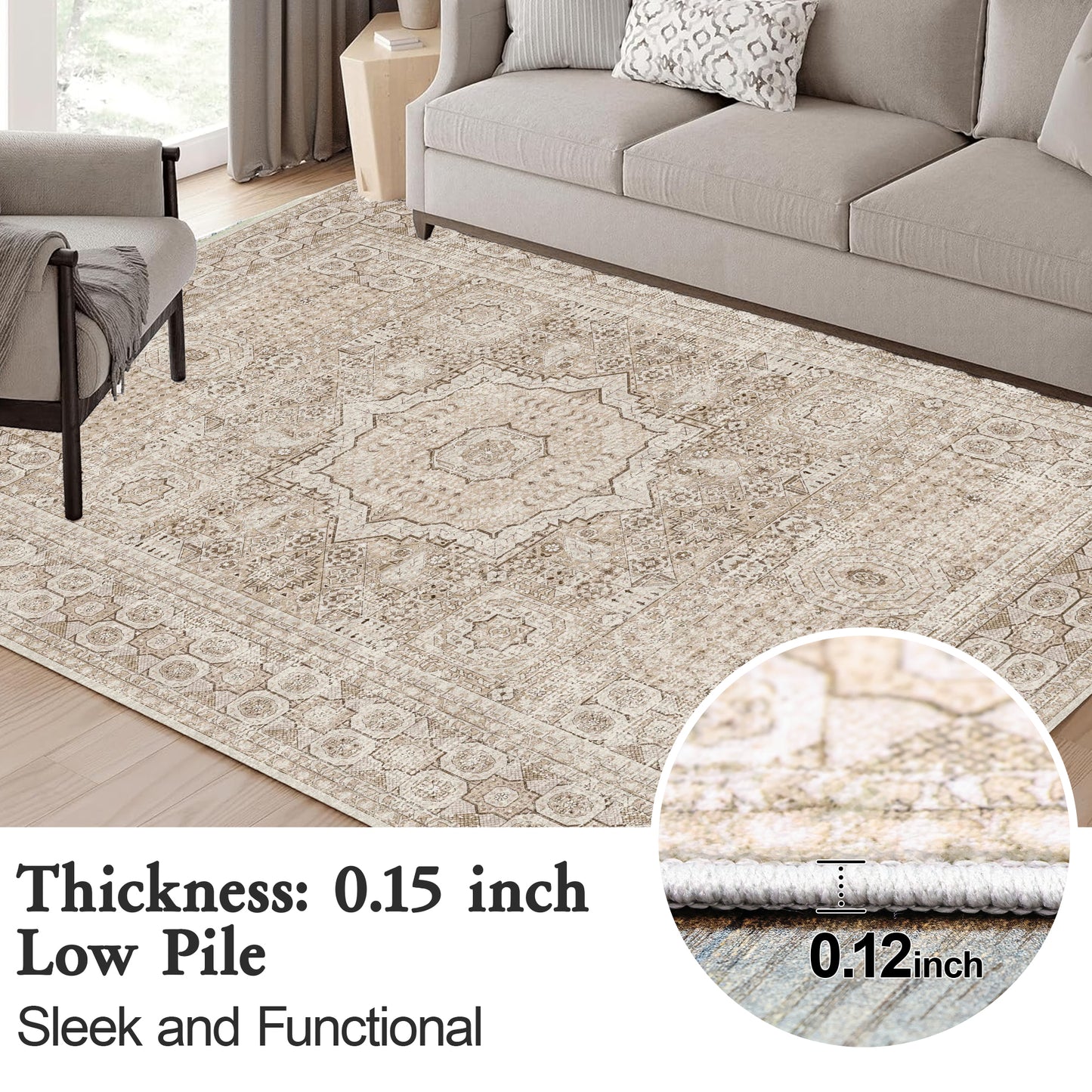 Area Rugs for Living Room 6'x 9' Machine Washable Vintage Print Large Throw Non Slip Bedroom Rugs, Brown