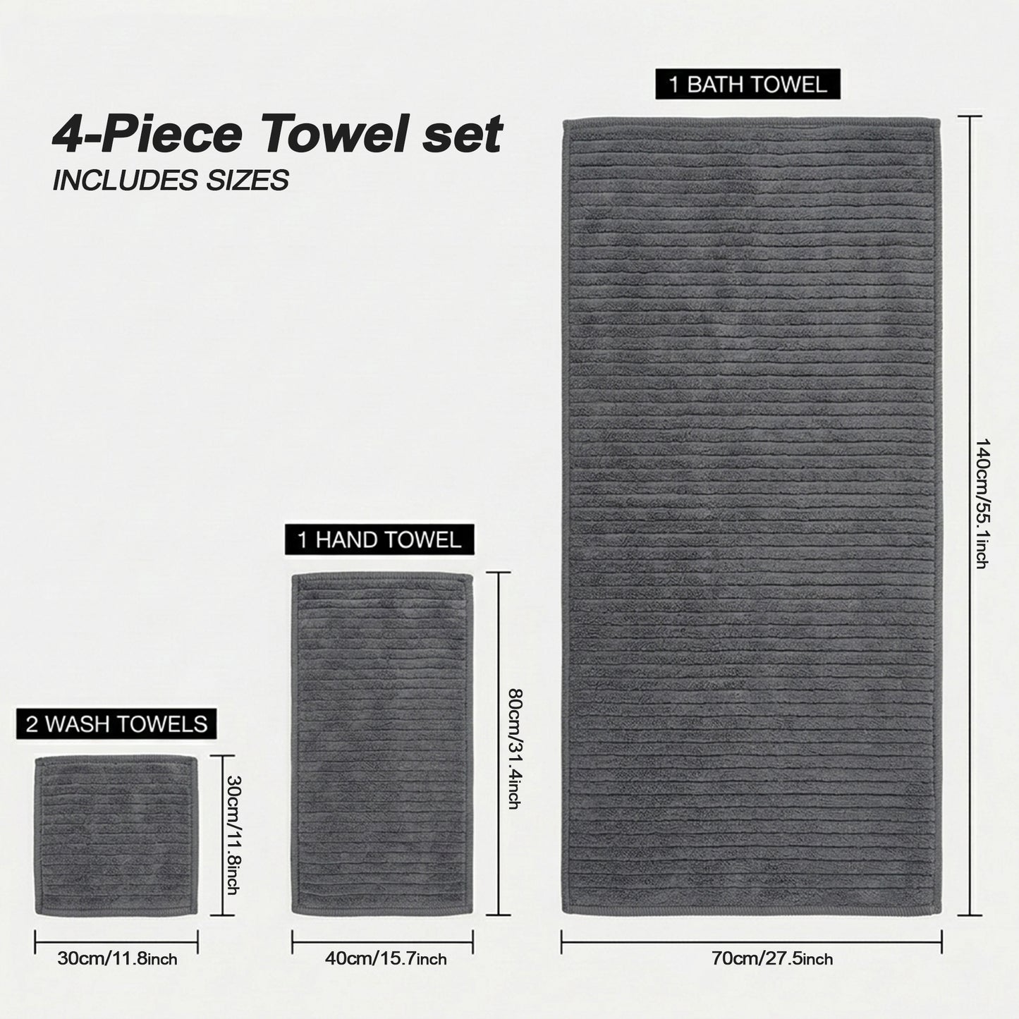 Dowellia 4 PCS Towels Set - 1 Bath Towel, 1 Hand Towel and 2 Washcloths, Highly Absorbent & Quick Dry, bathroom towels for home Spa Hotel Gym, Dark Gray