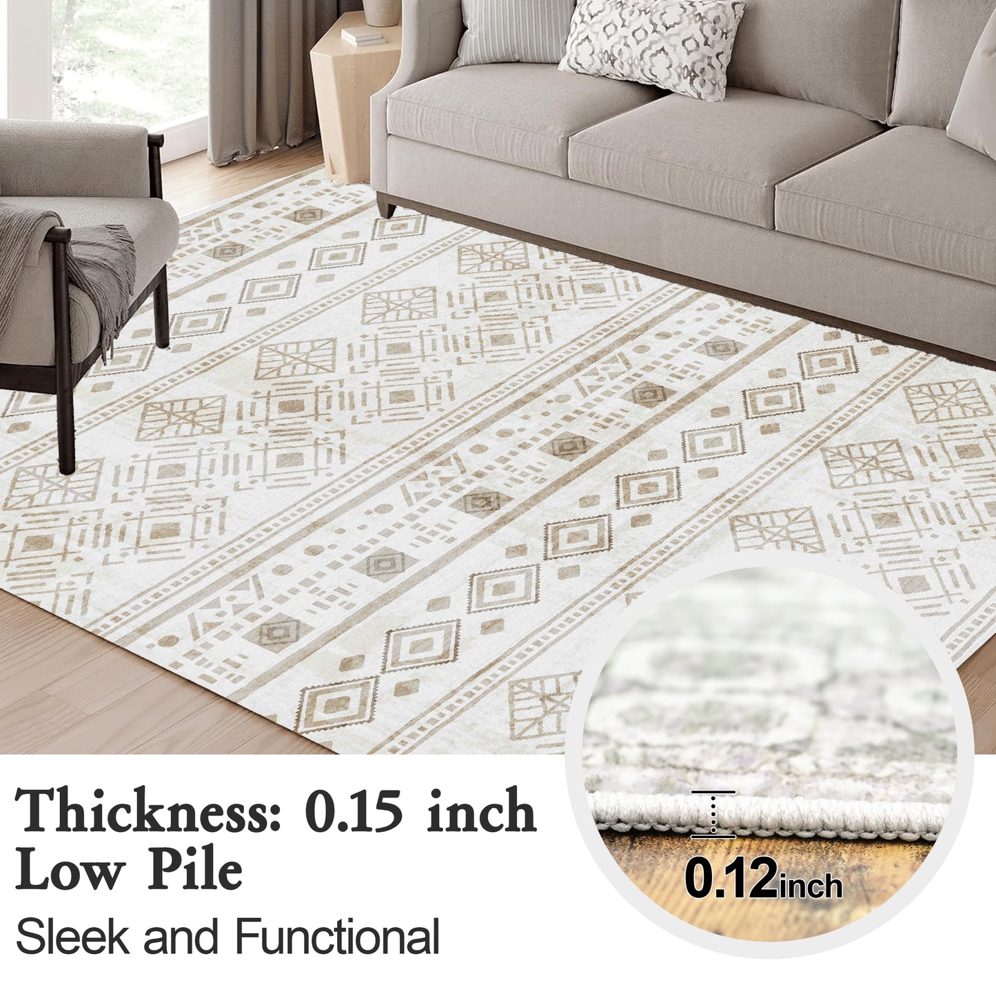 Area Rug 5x7 Khaki, Washable Boho Large Living Room Rugs Non-Slip, Ultra Soft Geometric Traditional Farmhouse Carpet for Dining Room Bedroom Dorm Office Home Décor