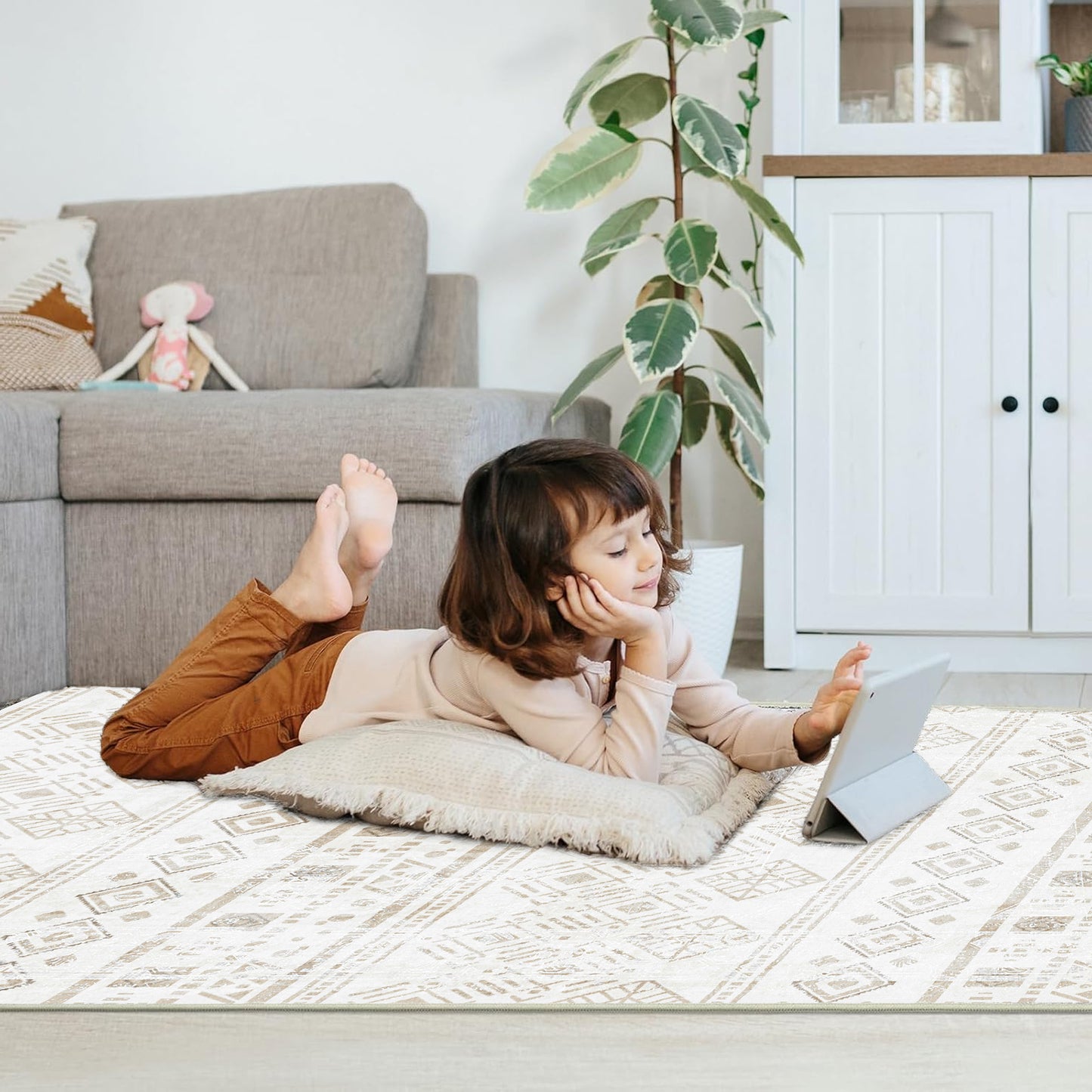 3x5 Khaki Boho Area Rug for Living Room, Washable Kitchen Rugs Non Slip, Ultra Soft Print Distressed Geometric Low-Pile Entry Throw Carpet for Bedroom Nursery Dorm Decor