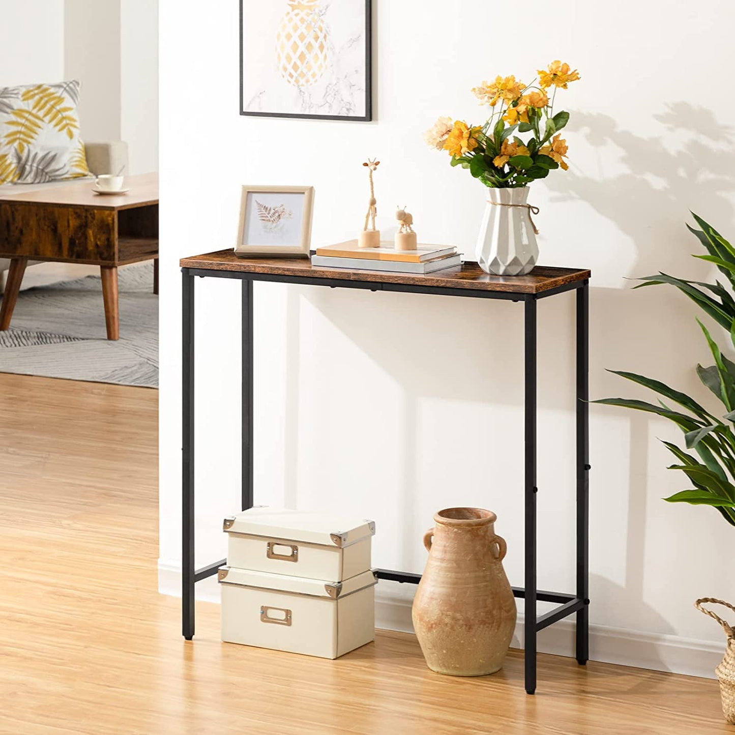 Narrow Console Table, 33.9" Entryway Table Sofa Table or Hallway Table for Living Room, Rustic Brown and Black