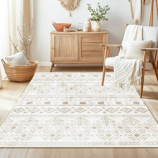 Bedroom Boho Rug 4x6 Khaki, Washable Area Rugs Non Slip, Ultra Soft Print Distressed Geometric Low-Pile Entry Throw Carpet for Bedroom Nursery Dorm Kitchen Decor