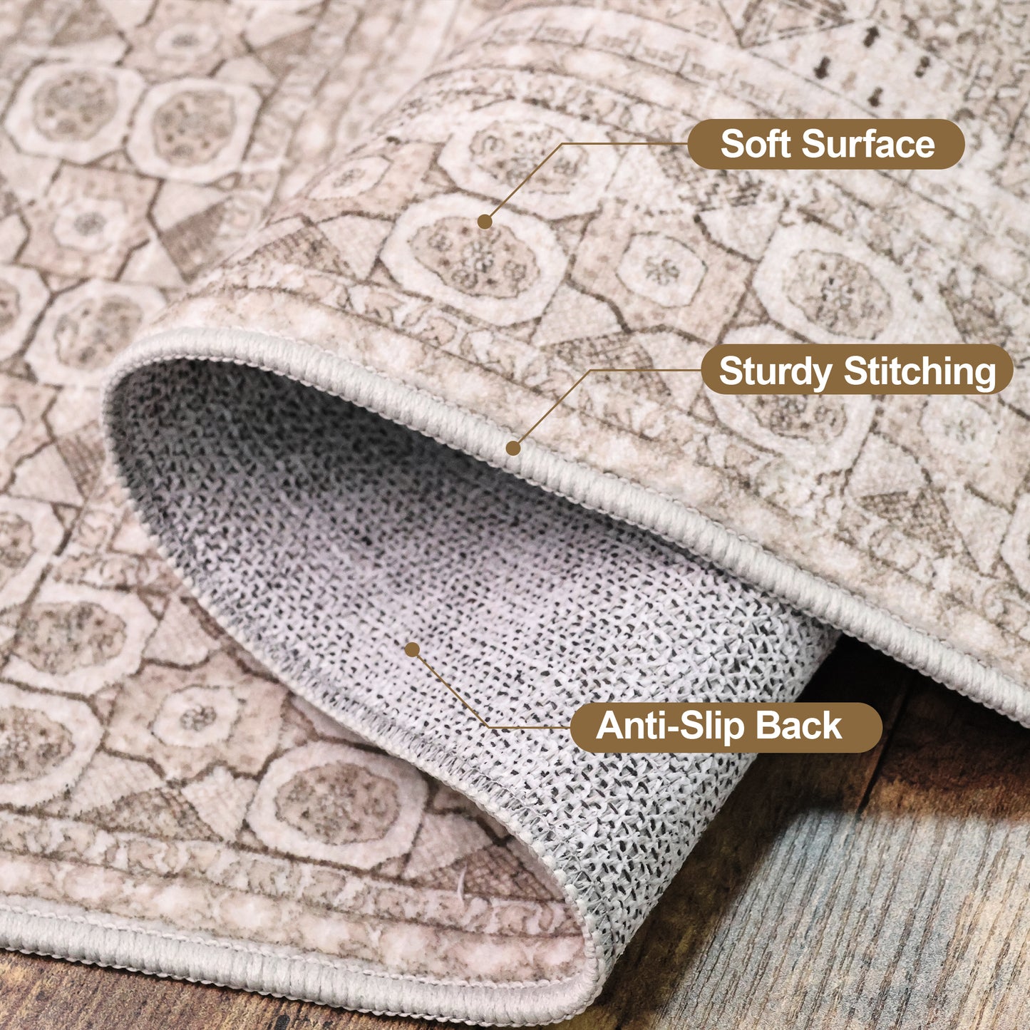 Area Rugs for Living Room 3'x 5' Machine Washable Vintage Print Large Throw Non Slip Bedroom Rugs, Brown