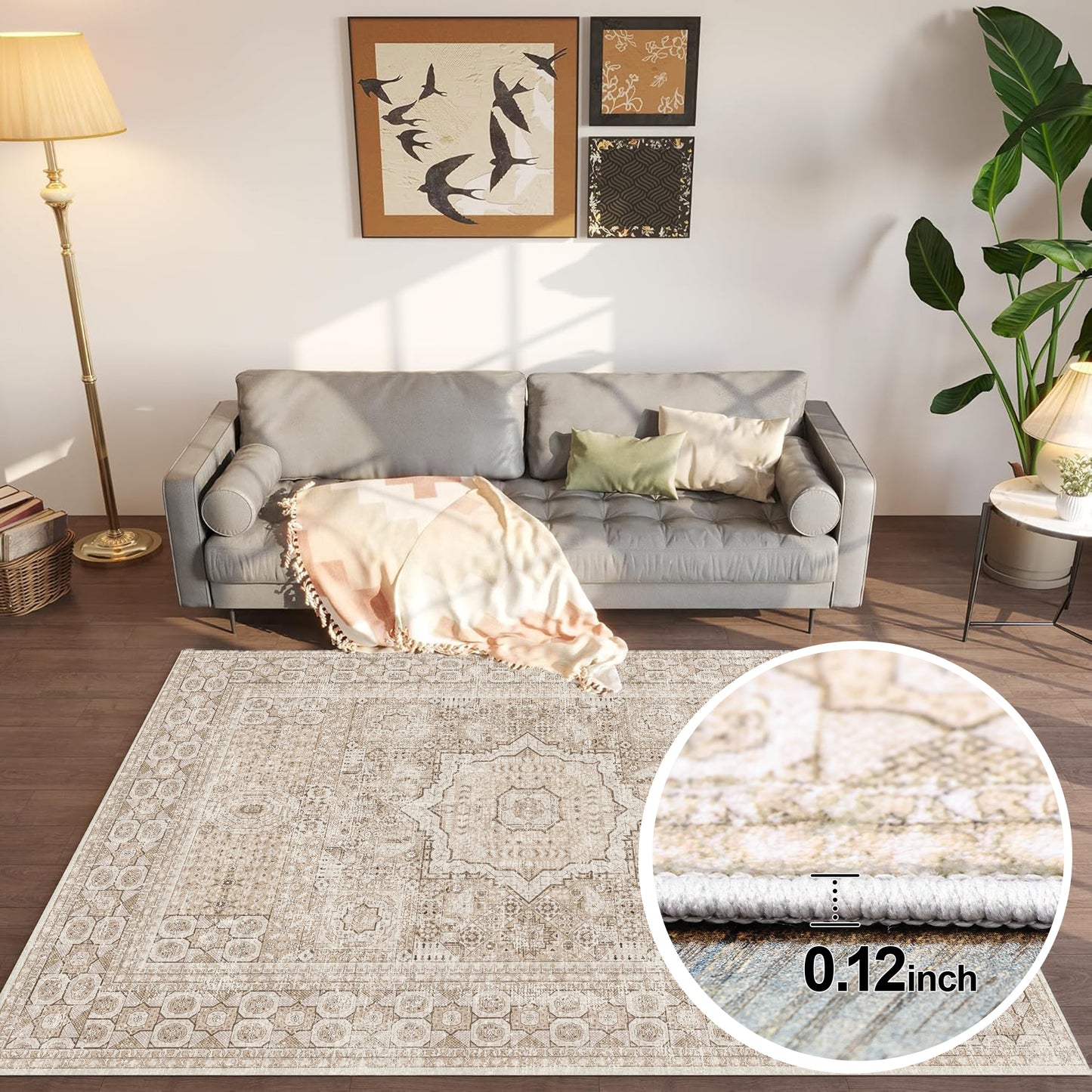 Area Rugs for Living Room 4'x 6' Machine Washable Vintage Print Large Throw Non Slip Bedroom Rugs, Brown