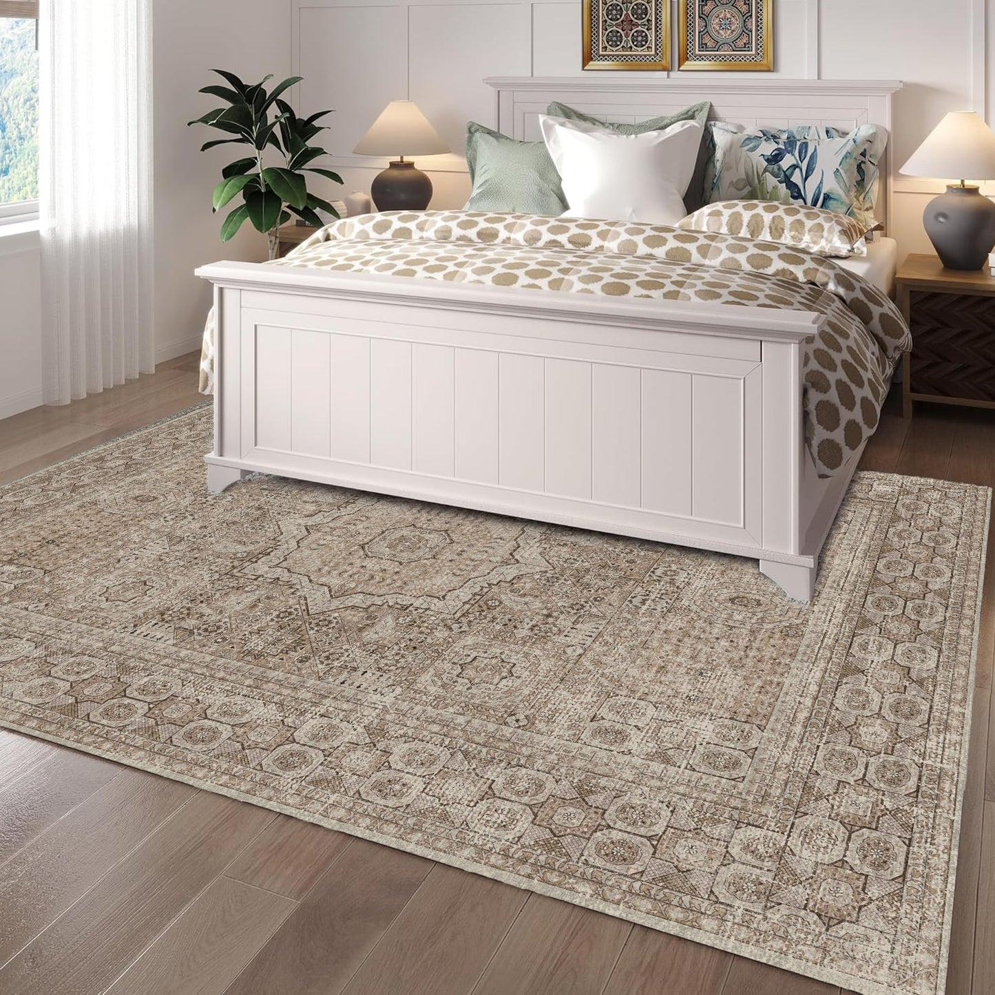 Area Rugs for Living Room 6'x 9' Machine Washable Vintage Print Large Throw Non Slip Bedroom Rugs, Brown