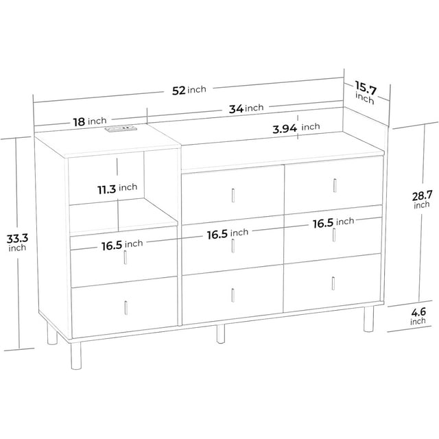 Dresser, Wooden Chest of Drawer for Bedroom, 8 Drawers Dresser with Charging Station, White