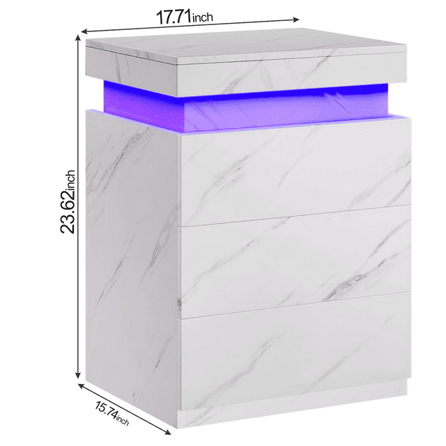 LED Nightstand with LED Lights, Beside Table with 3 Drawers for Bedroom Furniture, Modern End Side Table, White Marble