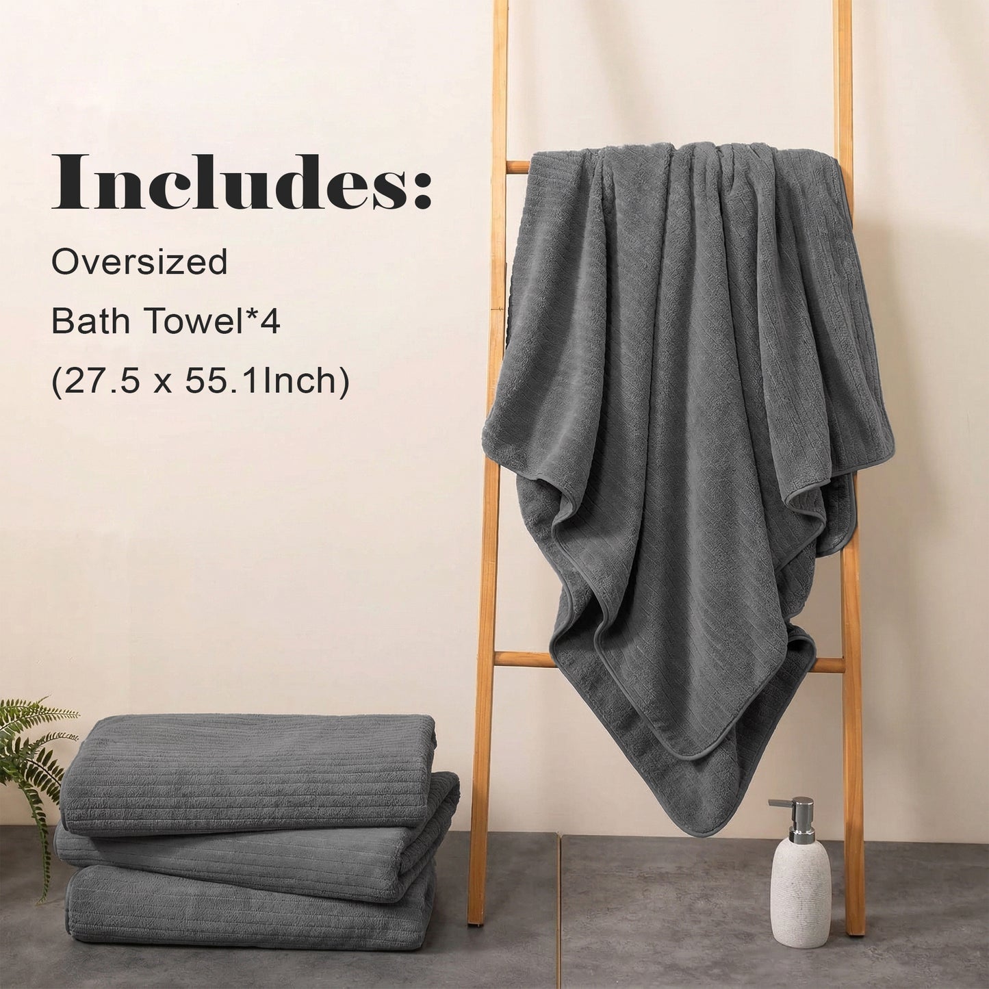 Dowellia 4 Pack Bath Towels Set, 28"x 55" Large Bath Sheets, Highly Absorbent & Quick Dry, Soft Microfiber Towels for Bathroom Spa Hotel Gym, Dark Gray Stripe