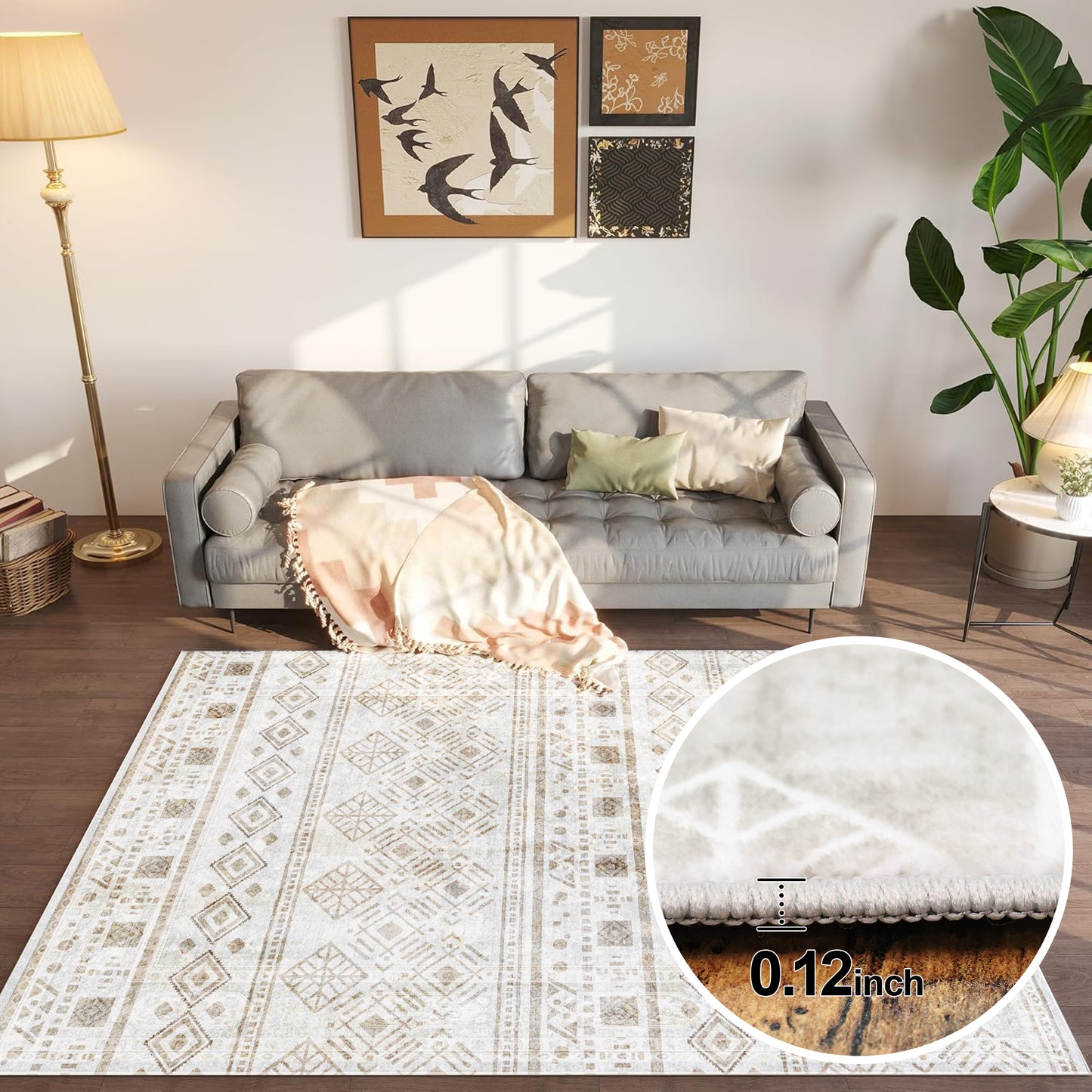 Bedroom Boho Rug 4x6 Khaki, Washable Area Rugs Non Slip, Ultra Soft Print Distressed Geometric Low-Pile Entry Throw Carpet for Bedroom Nursery Dorm Kitchen Decor