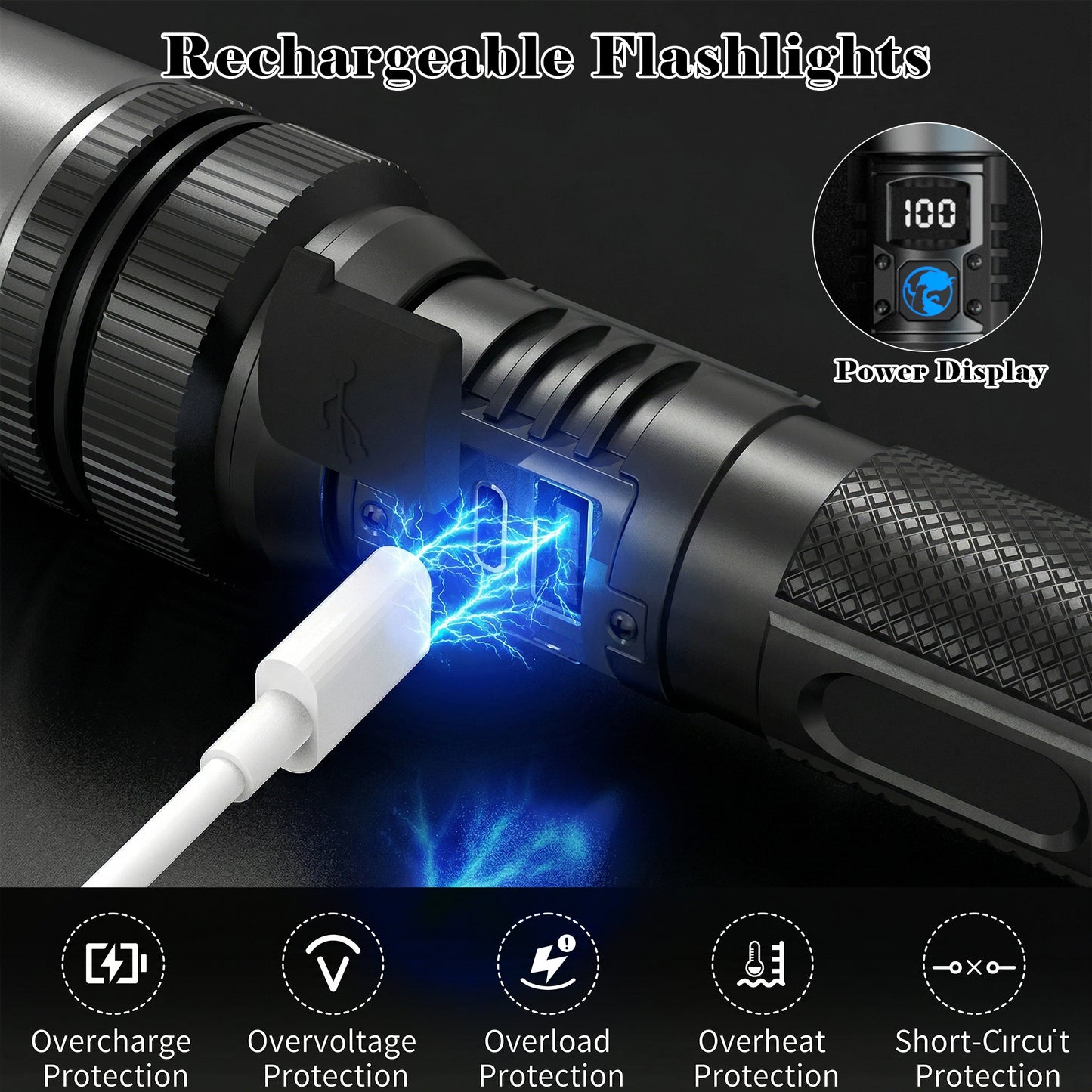 Dowellia Rechargeable Flashlight High Lumens Portable Flash Light with LCD Digital Display, 3 Modes, Waterproof Zoomable Torch for Hiking Camping Emergency Home and Outdoor Use, 2 Pack