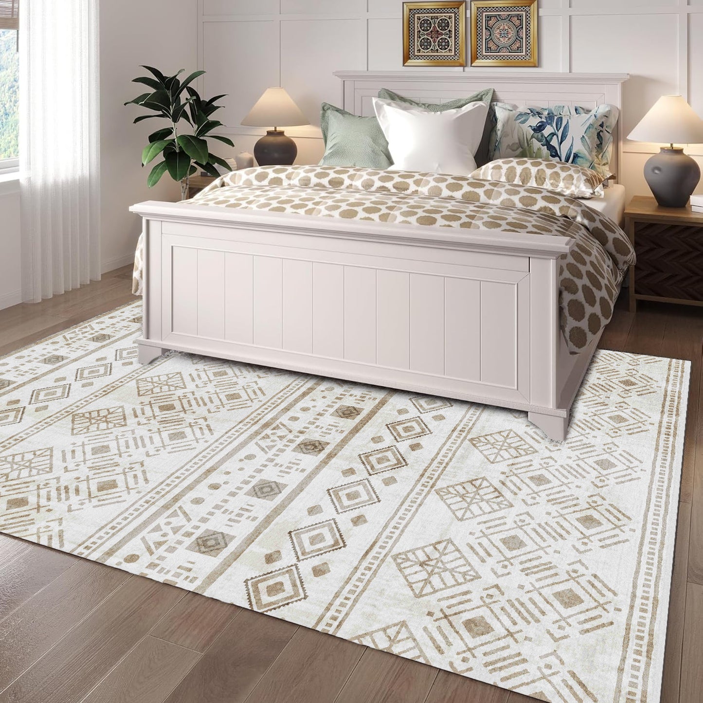 Khaki Boho 6x9 Area Rugs, Washable Kitchen Entry Rug Non Slip, Ultra Soft Print Distressed Geometric Low-Pile Throw Carpet for Bedroom Nursery Dorm Decor