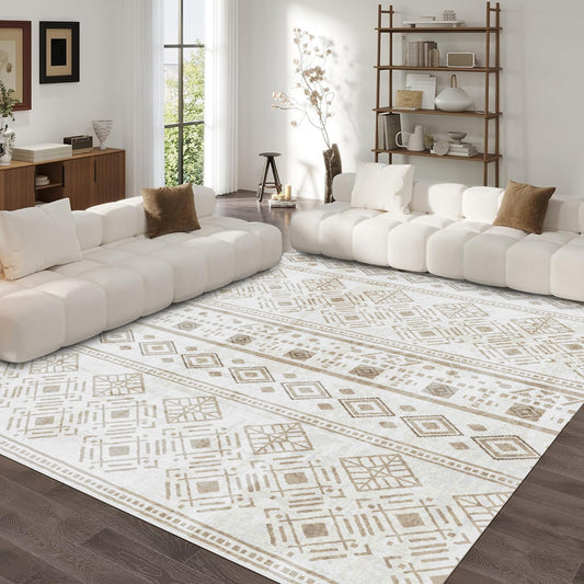 8x10 Rugs for Living Room Khaki, Washable Boho Area Rug Non-Slip, Ultra Soft Geometric Tribal Traditional Farmhouse Carpet for Dining Room Bedroom Dorm Office Home Decor
