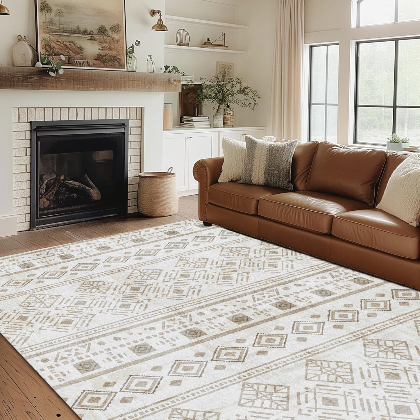 Area Rug 5x7 Khaki, Washable Boho Large Living Room Rugs Non-Slip, Ultra Soft Geometric Traditional Farmhouse Carpet for Dining Room Bedroom Dorm Office Home Décor