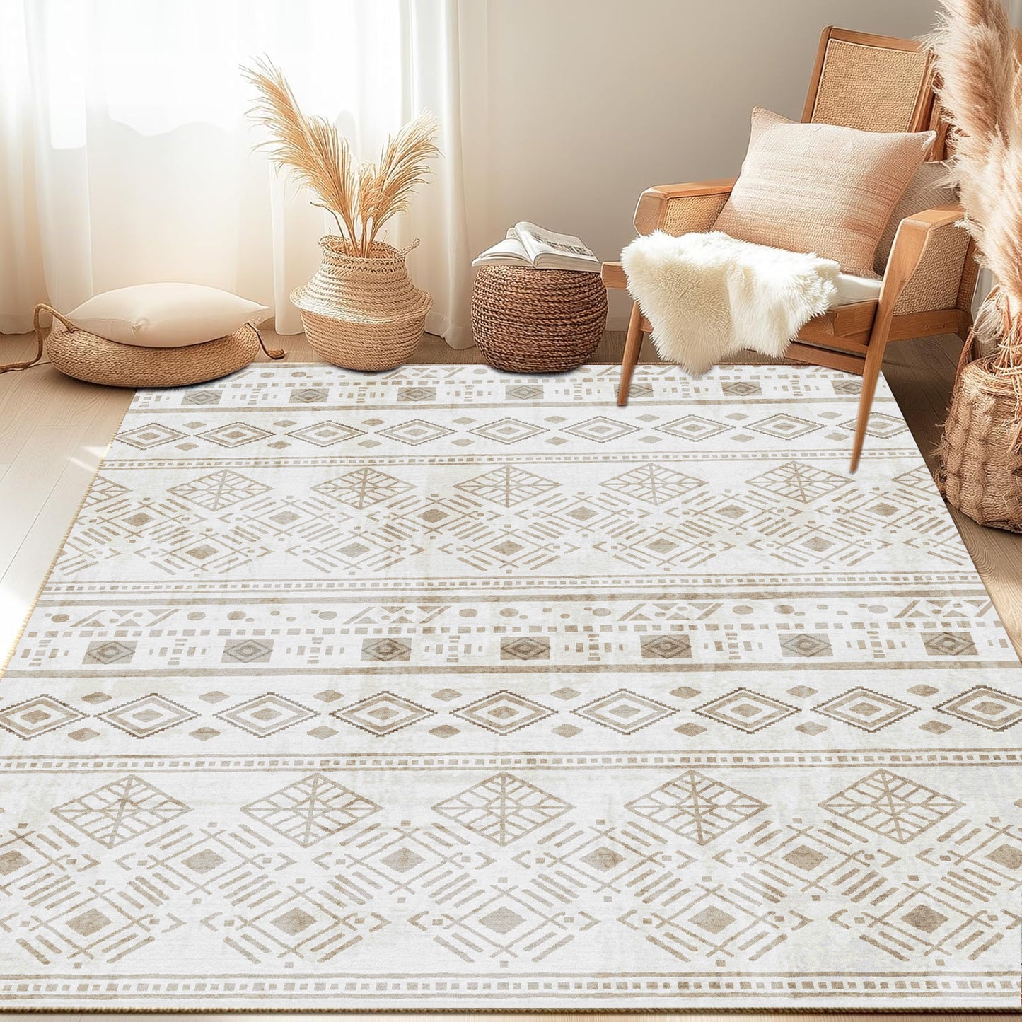 Area Rug 5x7 Khaki, Washable Boho Large Living Room Rugs Non-Slip, Ultra Soft Geometric Traditional Farmhouse Carpet for Dining Room Bedroom Dorm Office Home Décor