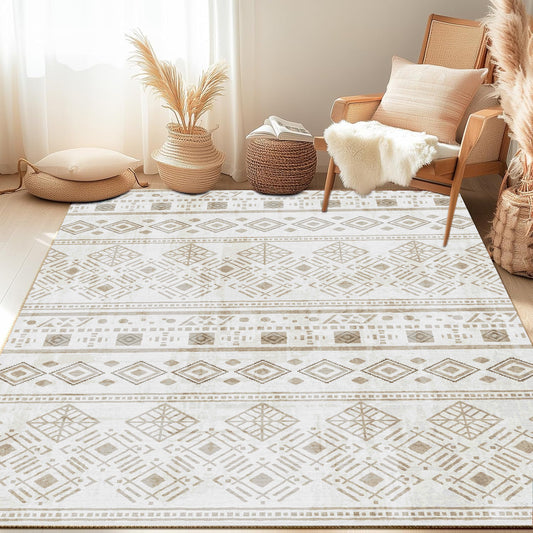 Area Rug 5x7 Khaki, Washable Boho Large Living Room Rugs Non-Slip, Ultra Soft Geometric Traditional Farmhouse Carpet for Dining Room Bedroom Dorm Office Home Décor