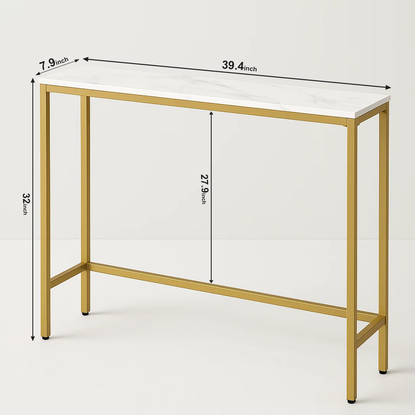Dowellia Entryway Dresser, Faux Marble MDF Style Panel Sofa Table with Gold Border (Single, White Marble)
